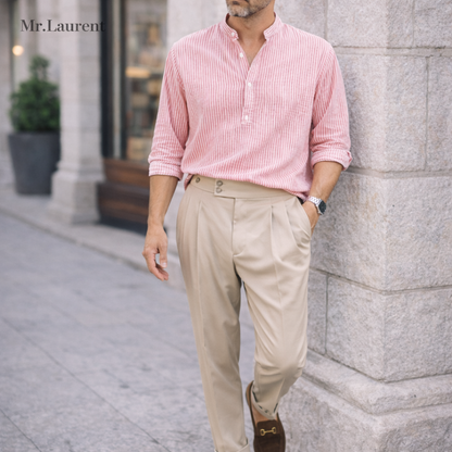 Mr.L ストライプ バンドカラーシャツ リラックスシルエット 長袖 メンズ