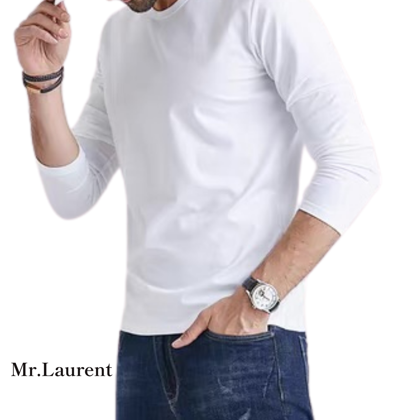 Mr.L 上質素材 ストレッチ 長袖 クルーネックTシャツ メンズ